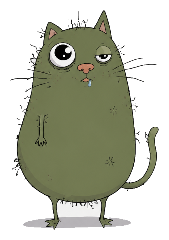 Catcio, a scruffy olive-green cartoon cat